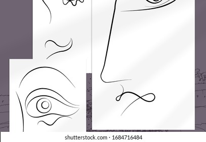 Contemporary abstract man face continuous one line drawing. Modern Wall Art print or poster mock up with shadow overlay. Hand drawn portrait on organic color sports and lines. Artistic card  template.