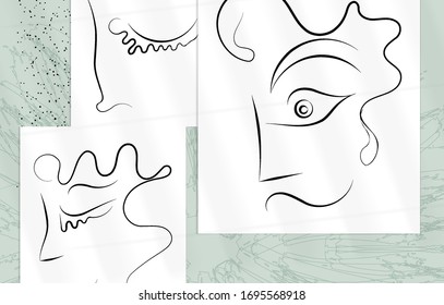 El hombre abstracto contemporáneo se enfrenta a un dibujo continuo de una línea. La moderna imagen de arte mural o afiche se burlan de la sombra superpuesta. Retrato dibujado a mano sobre líneas y deportes de color orgánicos. Plantilla de tarjeta artística.