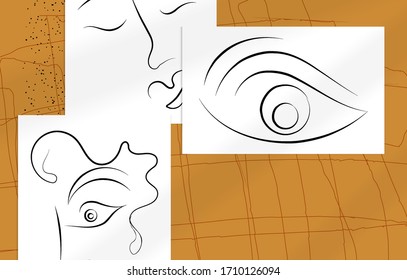Zeitgenössischer abstrakter Mann Gesicht stetigen eine Linie Zeichnung. Moderne Wall-Kunstdrucke oder Poster mit Schattenüberlagerungen. Handgezeichnetes Portrait auf organischen Farbsportarten und Linien. Vorlage für künstlerische Karten.