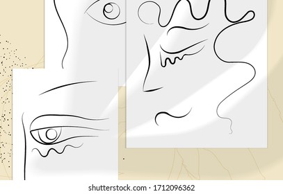 El hombre abstracto contemporáneo se enfrenta a un dibujo continuo de una línea. La moderna imagen de arte mural o afiche se burlan de la sombra superpuesta. Retrato dibujado a mano sobre líneas y deportes de color orgánicos. Plantilla de tarjeta artística.