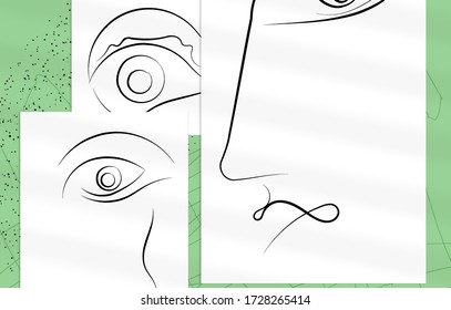 Contemporary abstract man face continuous one line drawing. Modern Wall Art print or poster mock up with shadow overlay. Hand drawn portrait on organic color sports and lines. Artistic card  template.