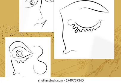 Contemporary abstract man face continuous one line drawing. Modern Wall Art print or poster mock up with shadow overlay. Hand drawn portrait on organic color sports and lines. Artistic card  template.