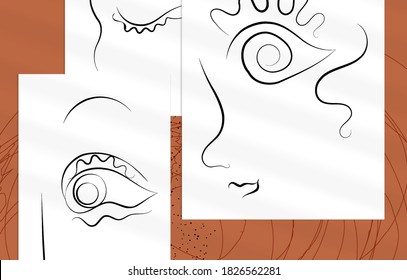Contemporary abstract man face continuous one line drawing. Modern Wall Art print or poster mock up with shadow overlay. Hand drawn portrait on organic color sports and lines. Artistic card  template.