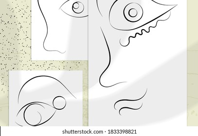 Contemporary abstract man face continuous one line drawing. Modern Wall Art print or poster mock up with shadow overlay. Hand drawn portrait on organic color sports and lines. Artistic card  template.