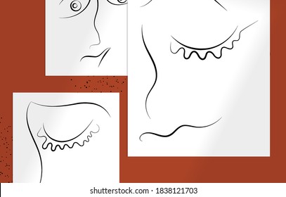Contemporary abstract man face continuous one line drawing. Modern Wall Art print or poster mock up with shadow overlay. Hand drawn portrait on organic color sports and lines. Artistic card  template.
