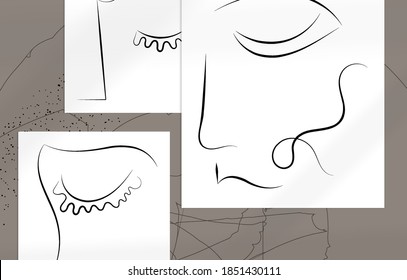 Contemporary abstract man face continuous one line drawing. Modern Wall Art print or poster mock up with shadow overlay. Hand drawn portrait on organic color sports and lines. Artistic card  template.