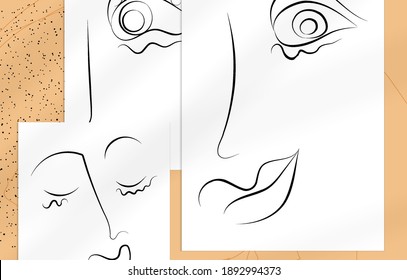 Contemporary abstract man face continuous one line drawing. Modern Wall Art print or poster mock up with shadow overlay. Hand drawn portrait on organic color sports and lines. Artistic card  template.