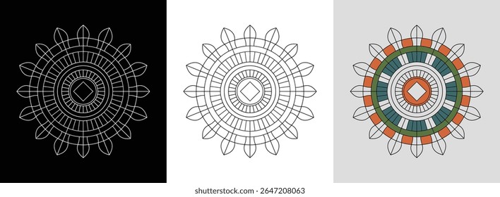 Mandala abstrata contemporânea com simetria equilibrada e linhas ornamentais sutis para a decoração moderna.