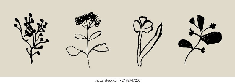 Zeitgenössische abstrakte minimale Tattoo-Blumen-Kollektion. Vektorillustration. Tinte Hand gezeichnete Wildblumen Set. Abstrakte Pflanzenkunst im Holzkohle- oder Buntstil. Bleistift gezeichnete florale Elemente.