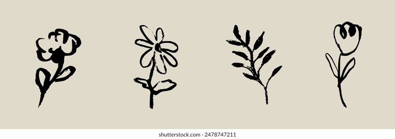 Contemporary abstract minimal tattoo flower collection. Vector illustration. Ink hand drawn wild flowers set. Abstract plants art in charcoal or crayon drawing style. Pencil drawn floral elements.