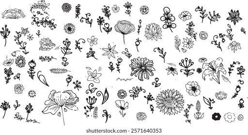 Contemporary abstract minimal tattoo flower collection. Vector illustration. Ink hand drawn wild flowers set. 