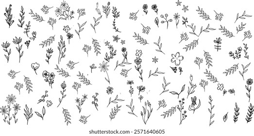 Contemporary abstract minimal tattoo flower collection. Vector illustration. Ink hand drawn wild flowers set.