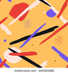 Contemporary abstract minimalistic pattern with geometric graphic shapes and blue, black. red and white stroke on yellow background. Bauhaus abstraction for package design, wrapping paper prints.