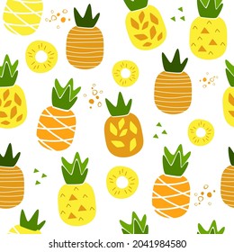 Zeitgenössisches abstraktes minimalistisches nahtloses Muster mit einer fröhlichen hellen Ananas. Vegetarier, ein Ornament für die Küche, Stoff, Textilien. Eine nützliche tropische exotische Frucht. Vektorgrafiken.