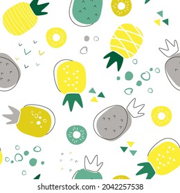 Contemporary abstract minimalistic seamless pattern with a cheerful bright pineapple. Vegetarian, an ornament for the kitchen, fabric, textiles. A useful tropical exotic fruit. Vector graphics.