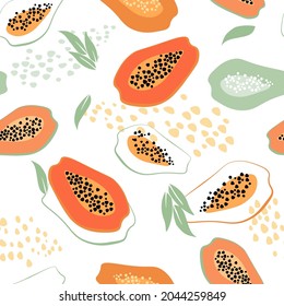 Zeitgenössisches abstraktes minimalistisches nahtloses Muster mit einer lustigen, hellen Papaya. Vegetarier, Küchendekoration, Stoff, Textilien. Eine gesunde tropische exotische Frucht. Vektorgrafiken.