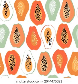 Contemporary abstract minimalistic seamless pattern with a fun bright papaya. Vegetarian, kitchen decoration, fabric, textiles. A healthy tropical exotic fruit. Vector graphics.