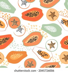 Contemporary abstract minimalistic seamless pattern with a fun bright papaya. Vegetarian, kitchen decoration, fabric, textiles. A healthy tropical exotic fruit. Vector graphics.