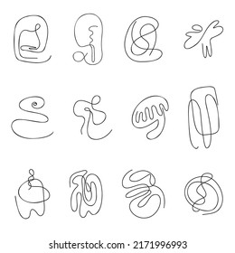 Contemporary Abstract One Continuous Line Scribbles Set. Twirl Dash Scroll Stroke Or Quirk. Whorl Curved Wavy Bizarre Elements For Aesthetic Posters Home Decor Wall Art Vector Illustration