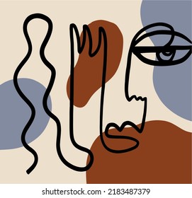 Frase de una línea abstracta contemporánea. Cubism art. Decor Printable Art, Resumen De Pinturas De Arte, Muro Moderno, Regalo De Calentamiento Doméstico. Retrato dibujado a mano en estilo gráfico abstracto moderno.