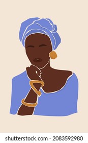 Contemporary abstract portrait of an African woman in a turban. Beautiful female in national ethnic clothes. Minimalistic art poster. Vector graphics.