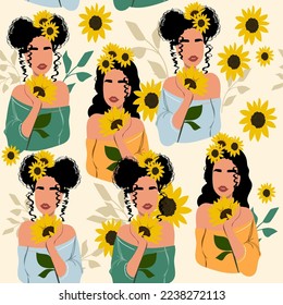 Contemporary abstract portrait women seamless pattern. Faceless female and sunflowers. Vector illustration in flat style