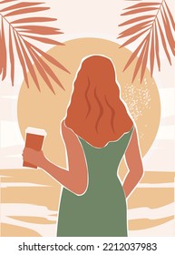 Contemporary abstract poster with a girl on the background of the sea, palm trees. A young woman from the back with a glass of tea, coffee in her hand. Vector graphics.