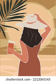 Contemporary abstract poster with a girl on the background of the sea, palm trees, the sun. A young woman from the back with a glass of tea, coffee in her hand. Vector graphics.