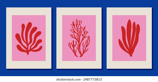 Contemporary abstract poster. Simple stylized seaweed. Matisse inspired. Red modern algae and corals. Hand drawn nature shapes in minimal style. Perfect for marine-themed, underwater scenes and print.