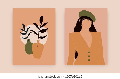 Contemporary abstract posters. Modern female set, fashion woman silhouette pastel colors, vase, pottery. Vector illustration.
