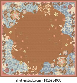 Contemporary abstract scarf pattern design with flower and leaf on brown. 