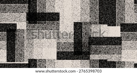 Contemporary abstract seamless pattern with geometric blocks, layers, and grunge linen texture. Black and white artistic background for business cover, creative layout, and modern graphic design.