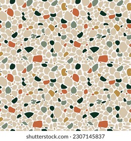Patrón actual abstracto y sin fisuras. Suelo de terrazo en colores tierra neutros. Textura vectorial realista del suelo de mosaico. Diseño de moda para impresión, pared, baldosas, textiles, tela, embalaje, envoltura