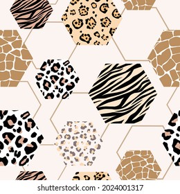 Contemporary abstract seamless pattern of wild animal ornament in a geometric hexagon shape. Vector graphics.