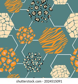 Contemporary abstract seamless pattern of wild animal ornament in a geometric hexagon shape. Vector graphics.
