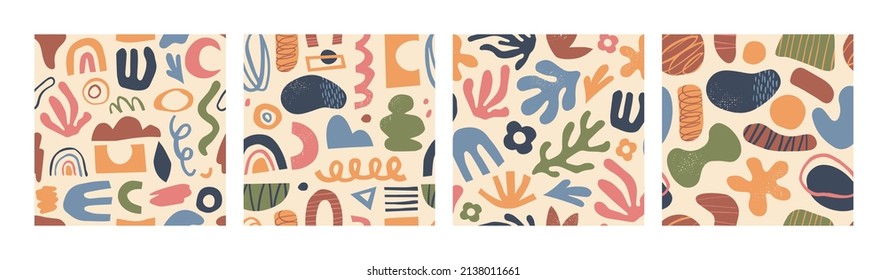 Contemporary abstract seamless patterns with hand drawn shapes and organic forms. Trendy modern minimalist background texture, fashion textile print vector pattern set