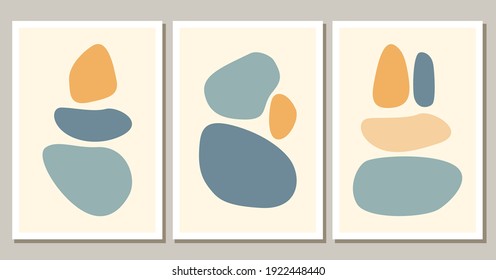 Contemporary abstract shapes boho posters. Modern background set bohemian aesthetic. Vector flat illustration. Design for wall art prints, card, cover.