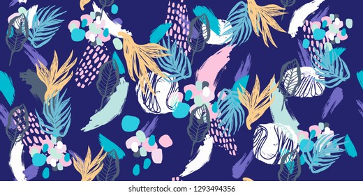 Contemporary Abstract Shapes Seamless Pattern with Exotic Nature.Unusual Illustration  for Surface , Invitation , Notebook, Banner , Wrap Paper ,Textiles, Cover