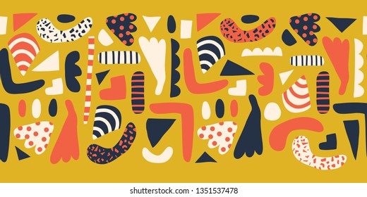 Contemporary Abstract shapes seamless vector border. Pattern of simple elements coral, gold yellow, white, blue background Scandinavian style. Modern happy kids print for girl decor, fabric, banner.