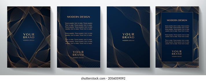 Contemporary abstract technology cover design set. Luxury background with gold line pattern. Premium vector tech backdrop for business layout, digital certificate, brochure template, modern notebook - Shutterstock ID 2056059092