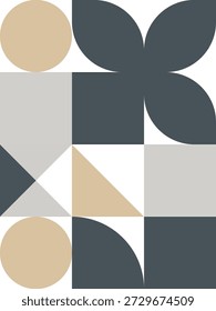 Ilustración vectorial de Vertical abstracta contemporánea con Formas geométricas como círculos, cuadrados y triángulos dispuestos de forma modular. Utiliza una paleta de colores neutros y relajantes que incluyen beige, gris claro y azul pizarra oscuro. Perfecto para estampados de arte moderno, branding, fondos de Diseño web o patrones textiles con una estética minimalista, escandinava o de mediados de siglo.