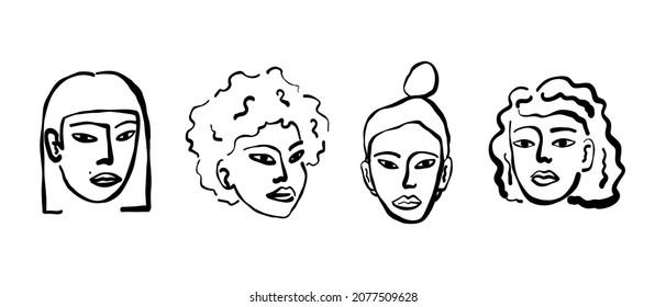 Contemporary abstract women portraits, line art various ethnics faces. Poster, banner hand-drawn isolated vector illustration.