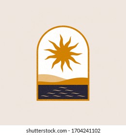 Contemporary aesthetic art with flat landscape, geometry architecture element, arch, arc, Sun, stars, sea in window. Abstract print, Mid century modern art, inspired Morocco. Minimalist concept.