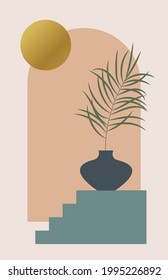 Contemporary aesthetic background with arch, landscape, palm leaf in vase, golden moon. Tropical floral design. Bohemian Minimal vector illustration set, poster, wall art, print, cover.