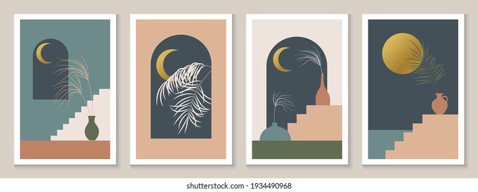 Contemporary aesthetic background with arch, night landscape, sea, mountains, golden moon. Tropical floral design. Bohemian Minimal vector illustration set, poster, wall art, print, cover.