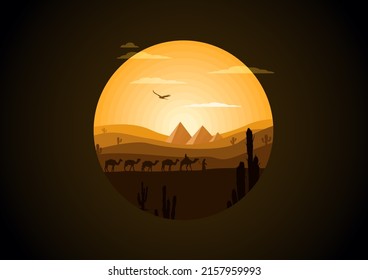Contemporary aesthetic background with desert, mountains, Sun. Modern minimalist art print. 