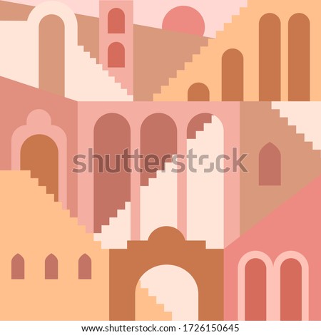 Contemporary aesthetic background with flat geometry architecture, Moroccan stairs, walls, arch, arc. Boho style. Mid Century modern abstract print. Earthy tone, terracotta colors. Seamless pattern.