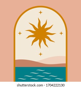 Contemporary aesthetic background with flat landscape, geometry architecture element, arch, arc, Sun, stars, sea. Abstract print in terracotta colors. Mid century modern art, inspired Morocco.