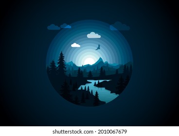 Contemporary aesthetic background with forest, mountains, moon and lake. Modern minimalist art print. 