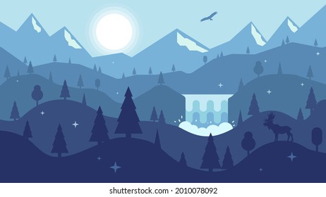 Contemporary aesthetic background with forest, mountains, moon and waterfall. Modern minimalist art print. 